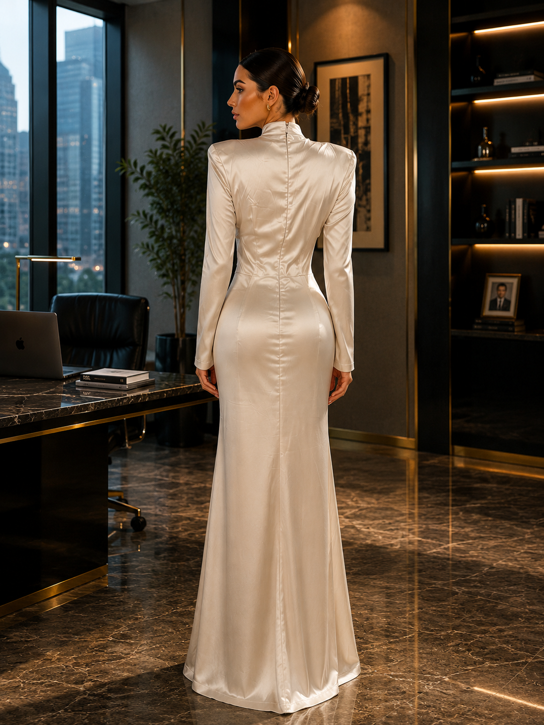 Celeste Illusion Satin Dress (Ivory)