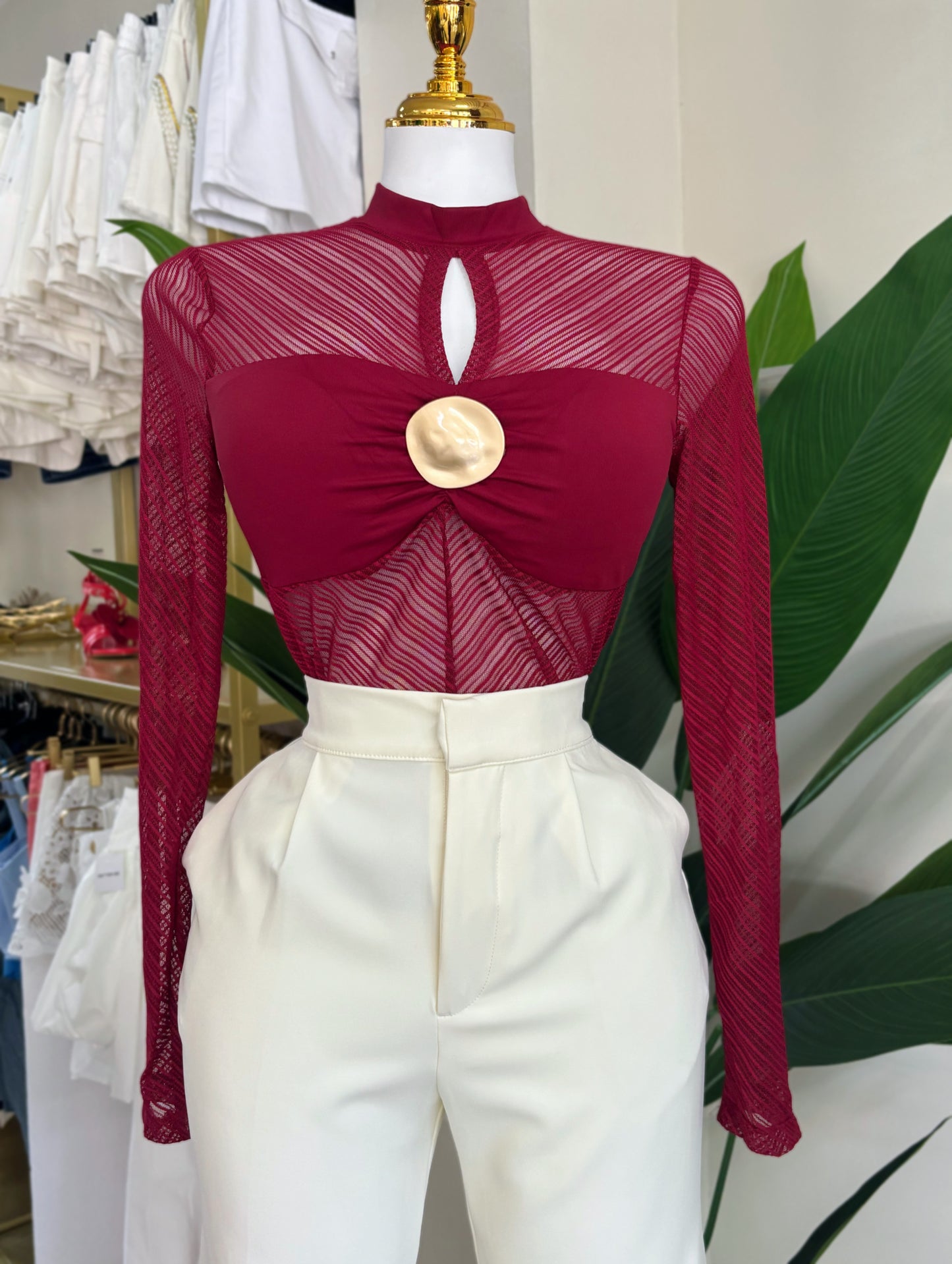 Bianca Top (Beige/Burgundy/Negro)