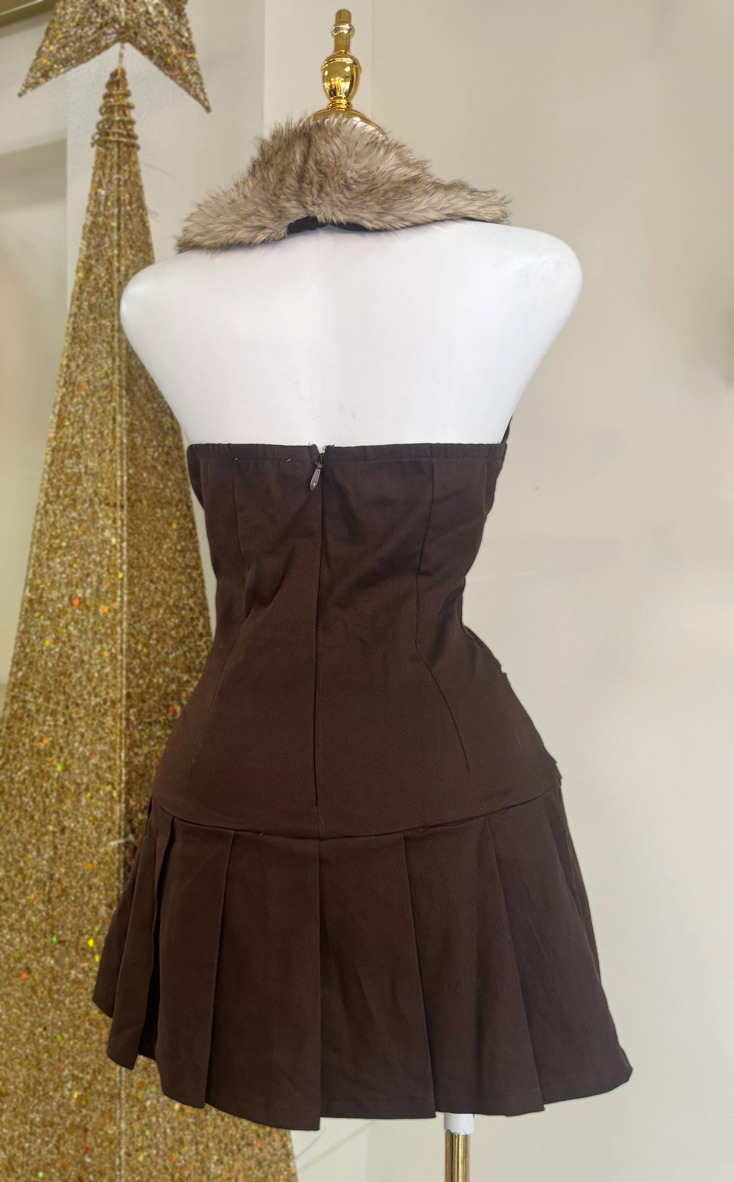 Ámbar Fur Neck Dress (Brown)