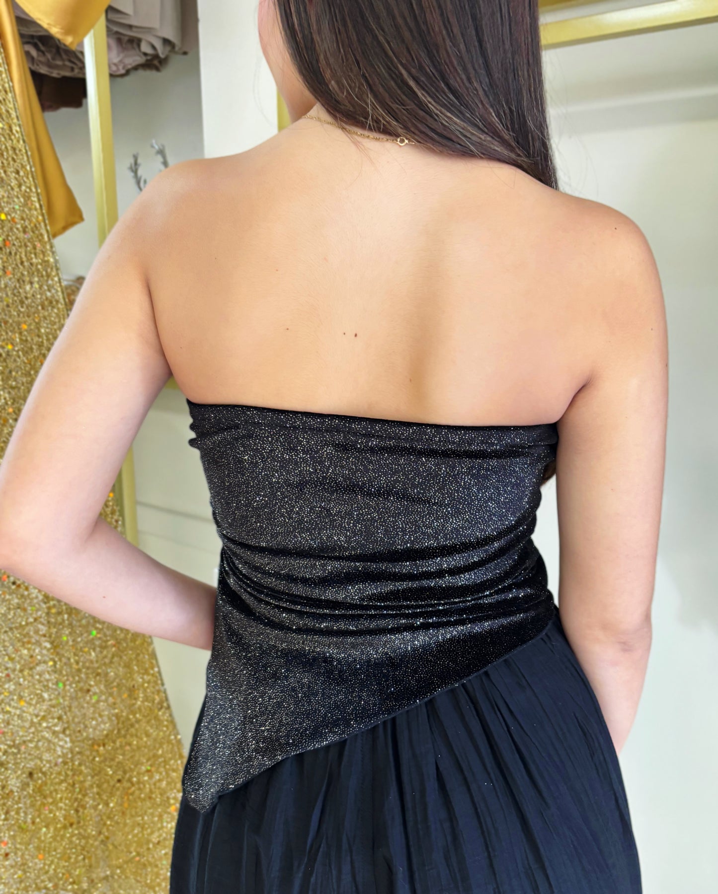 Fabiola Glitter Strapless Top (Black)
