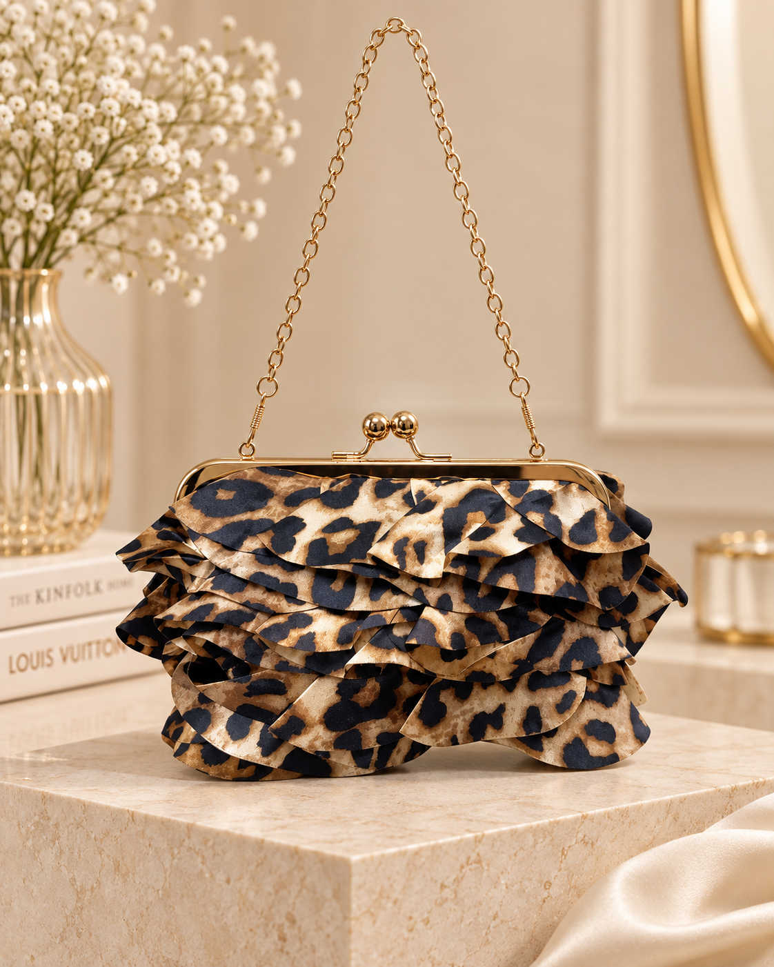Savage Ruffle Clutch (Leopard/Beige)