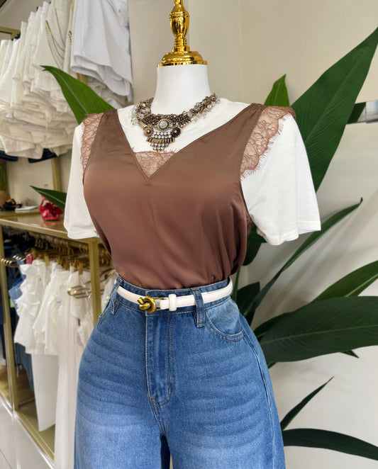 Isabella Lace Dreams Blouse (Mocha/Navy)