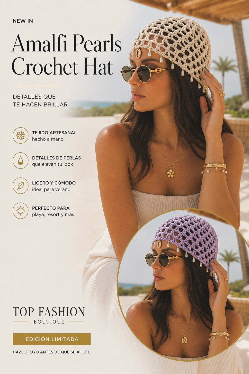 Amalfi Pearls Crochet Hat (Cream & Dusty Lilac)