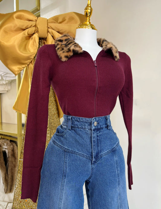 Amelia Fur Neck Sweater (Burgundy)
