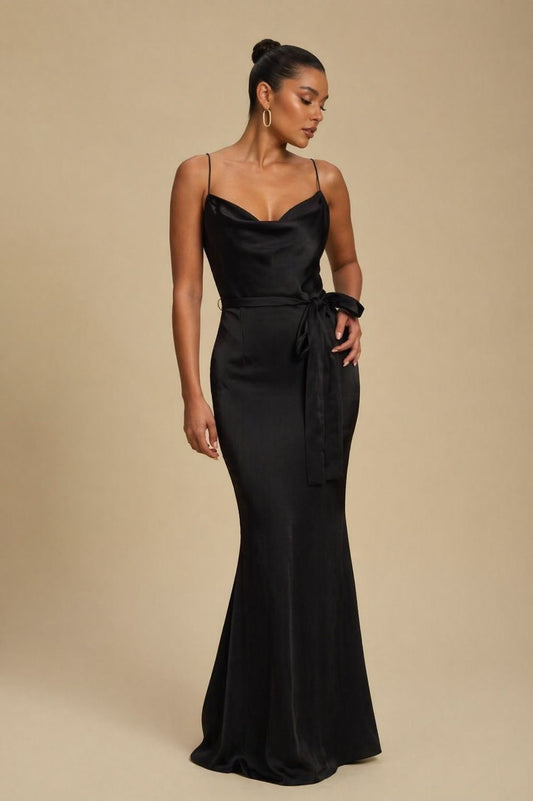 Elisa Black Satin Maxi Dress