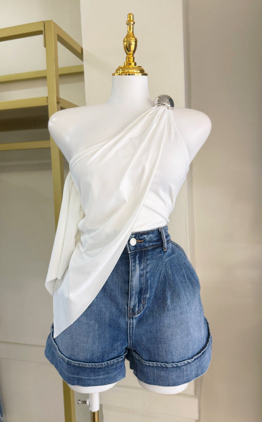 Aleida One Shoulder Blouse (Blanca/Negra/Mocha)