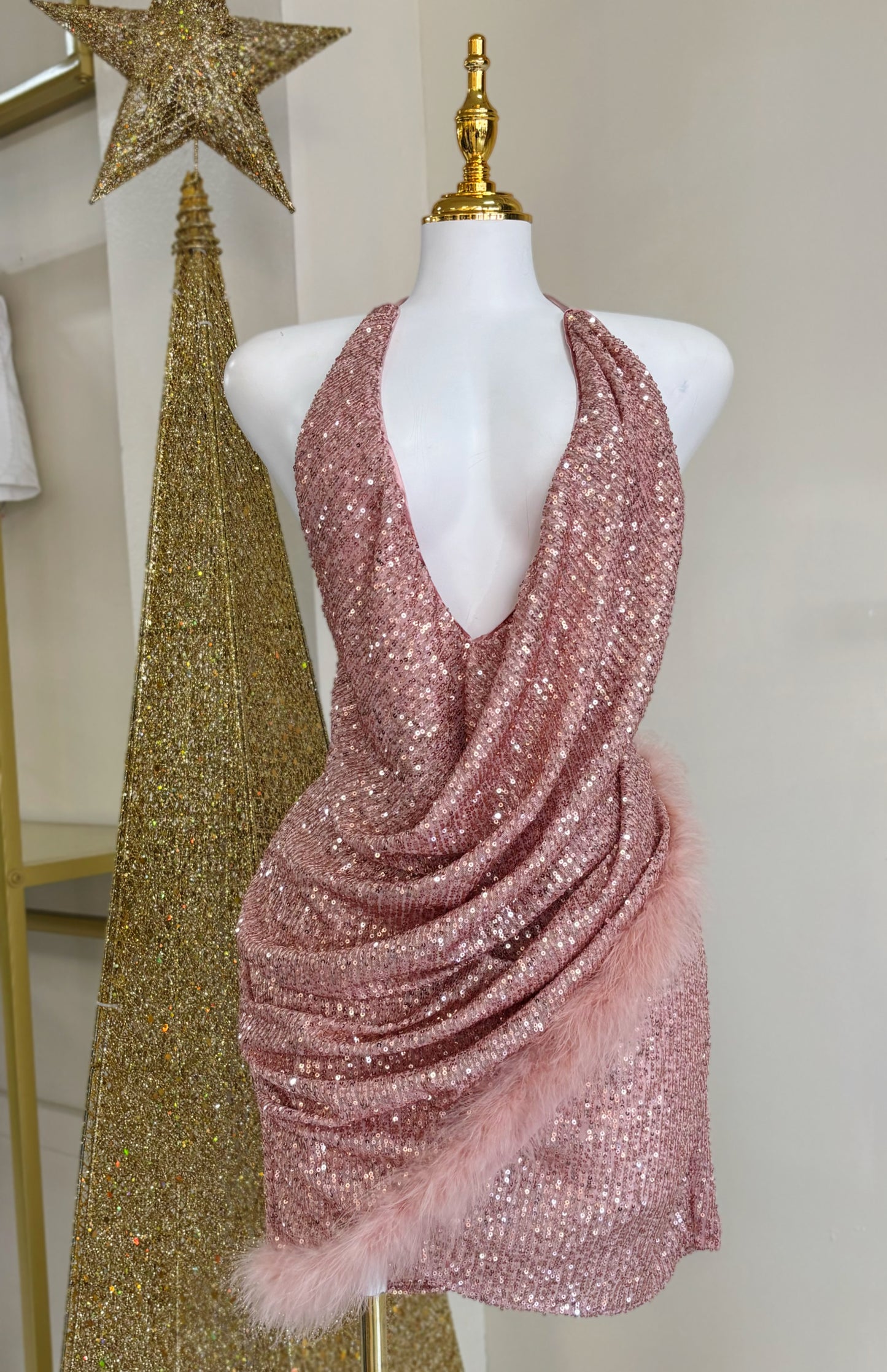 Amira Sequin Feather Dress