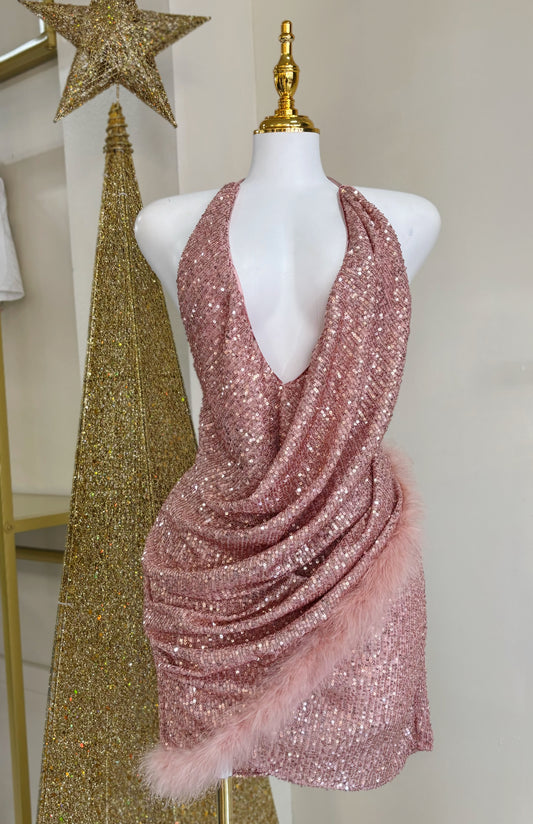 Amira Sequin Feather Dress