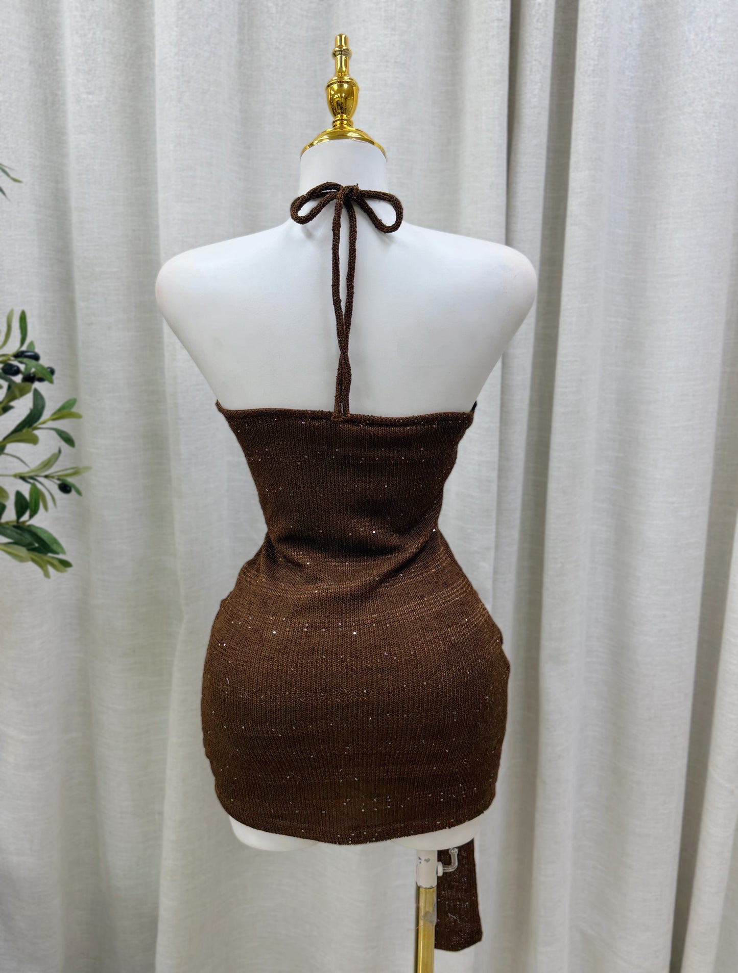 Grecia Beads Halter Dress (Chocolate)