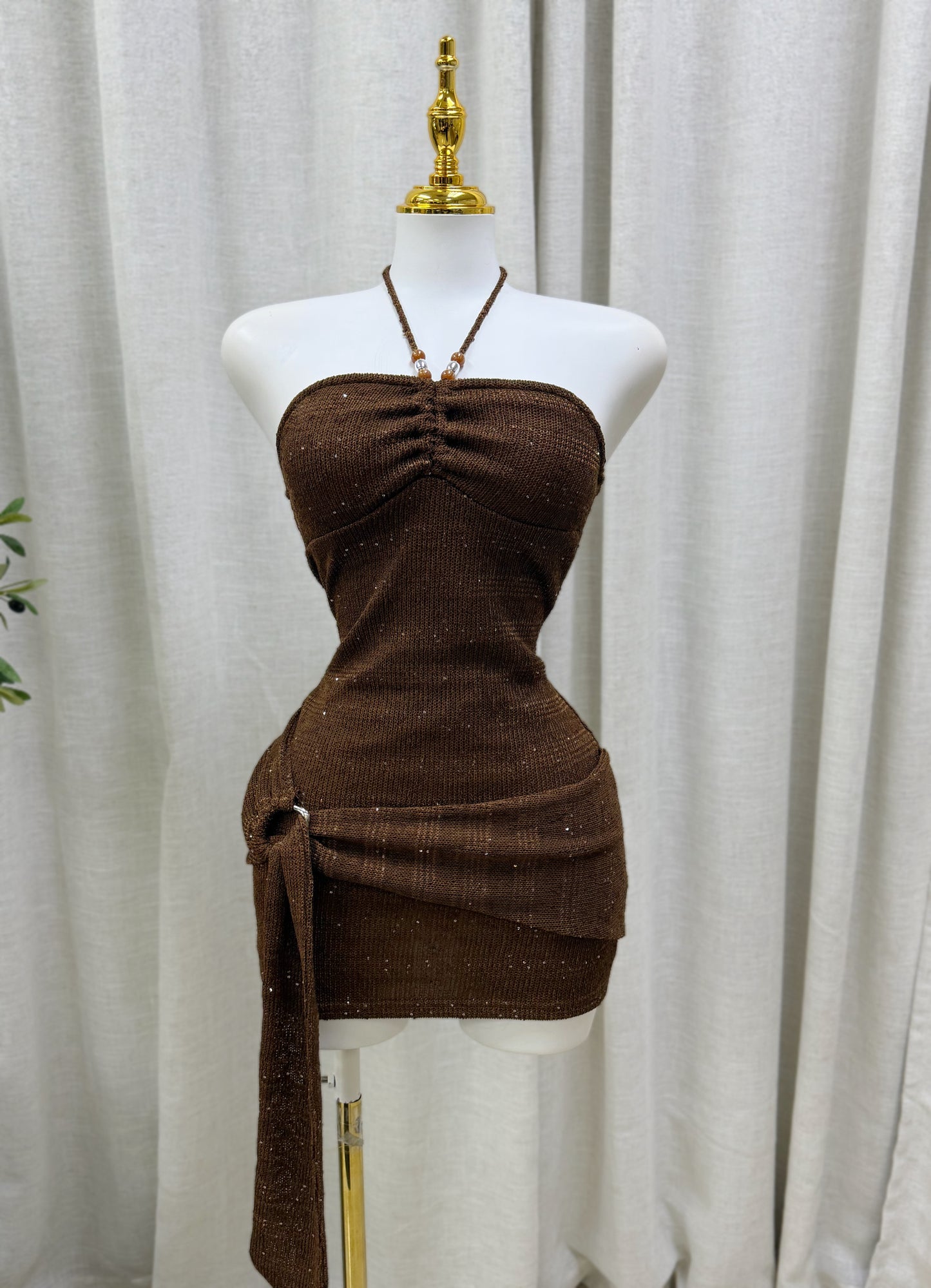 Grecia Beads Halter Dress (Chocolate)