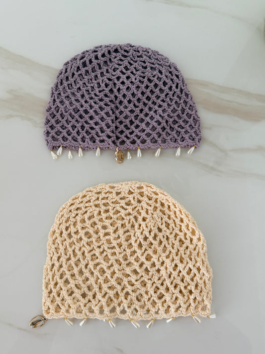 AMALFI PEARL CROCHET HAT
Cream & Dusty Lilac