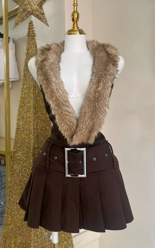 Ámbar Fur Neck Dress (Brown)
