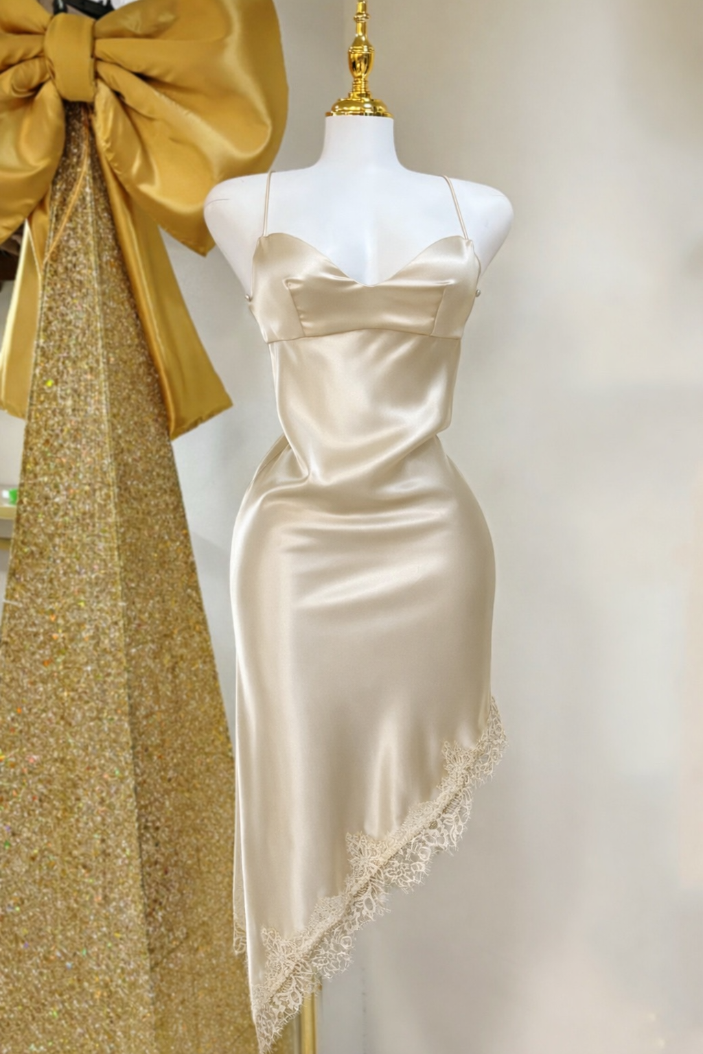 Neisha Satin Lace Dress (Beige)