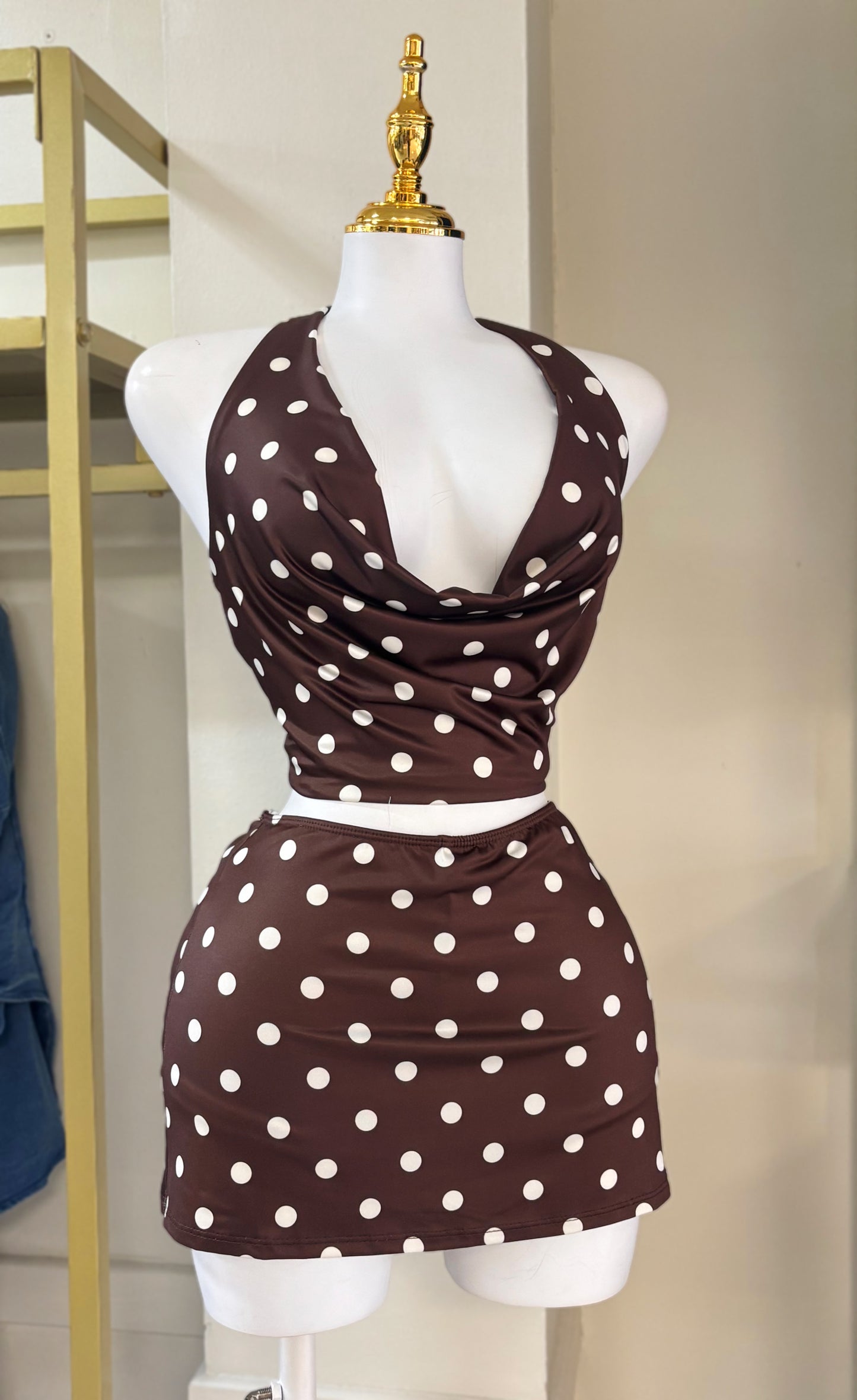 Alejandra Brown Polka Skirt Set (Corre pequeño)