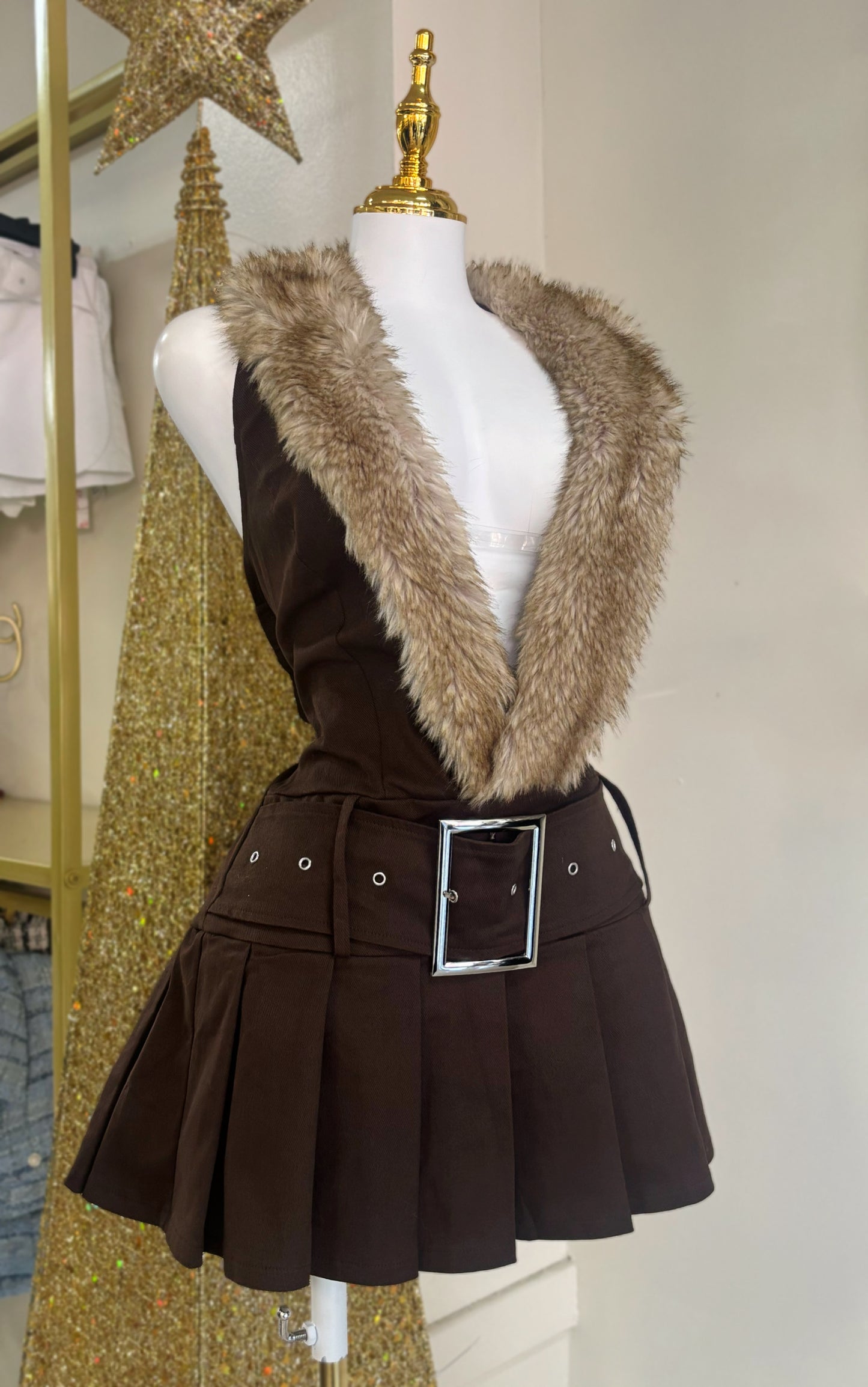 Ámbar Fur Neck Dress (Brown)