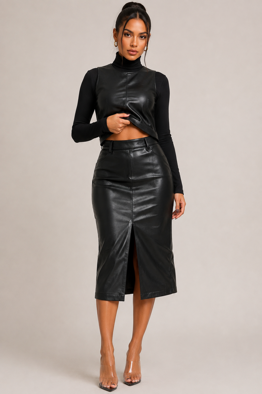 Noir Leather Midi Skirt