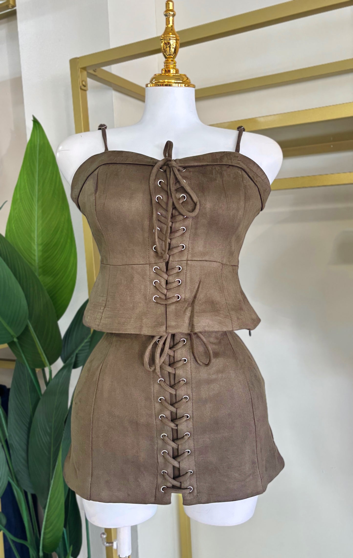 Odette Suede Skirt Set (Olive)