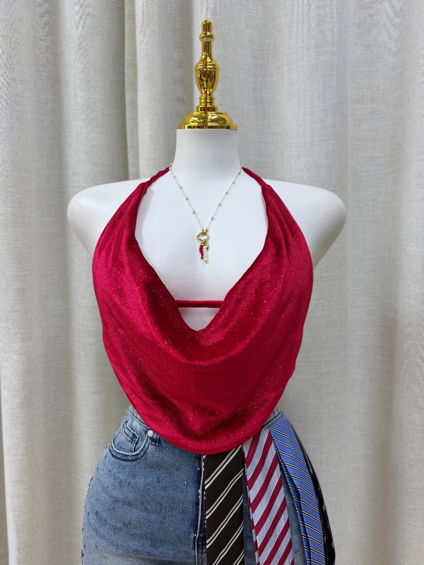 Natalia Glitter Halter Top (Red)
