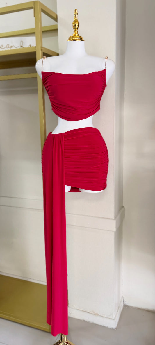 Zhamira Gold Detail Skirt Set (Red)