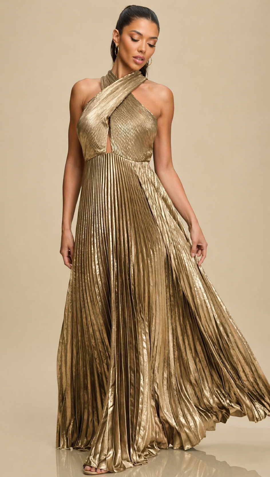Anna Gold Plisse Maxi Dress