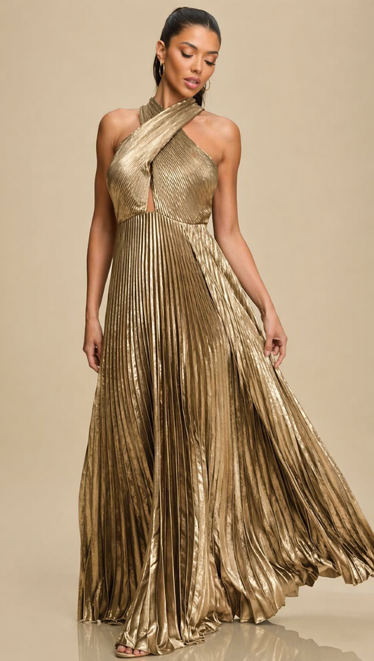 Anna Gold Plisse Maxi Dress