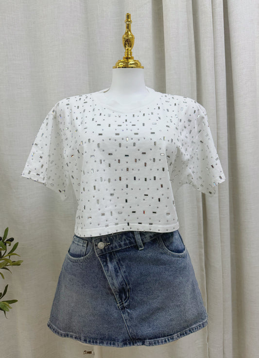 Lara Diamonds Crop Tshirt (Blanco/Azul/Amarillo)