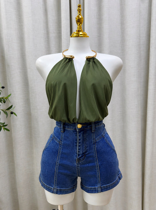Amira Neck Detail Top (Olive)